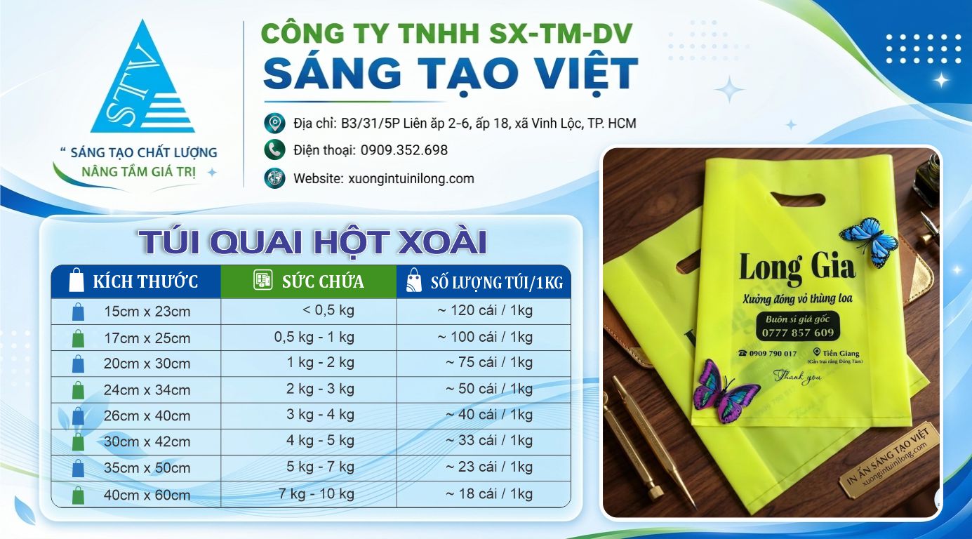 bảng kích thước túi nilong hột xoài tại Xưởng Sáng Tạo Việt