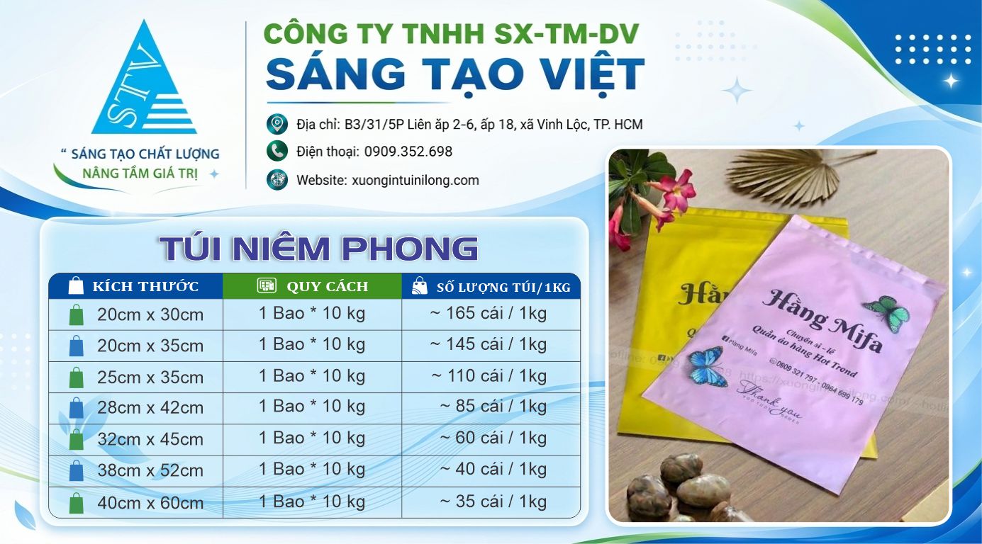 bảng kích thước túi nilong niêm phong - túi gói hàng tại Xưởng Sáng Tạo Việt