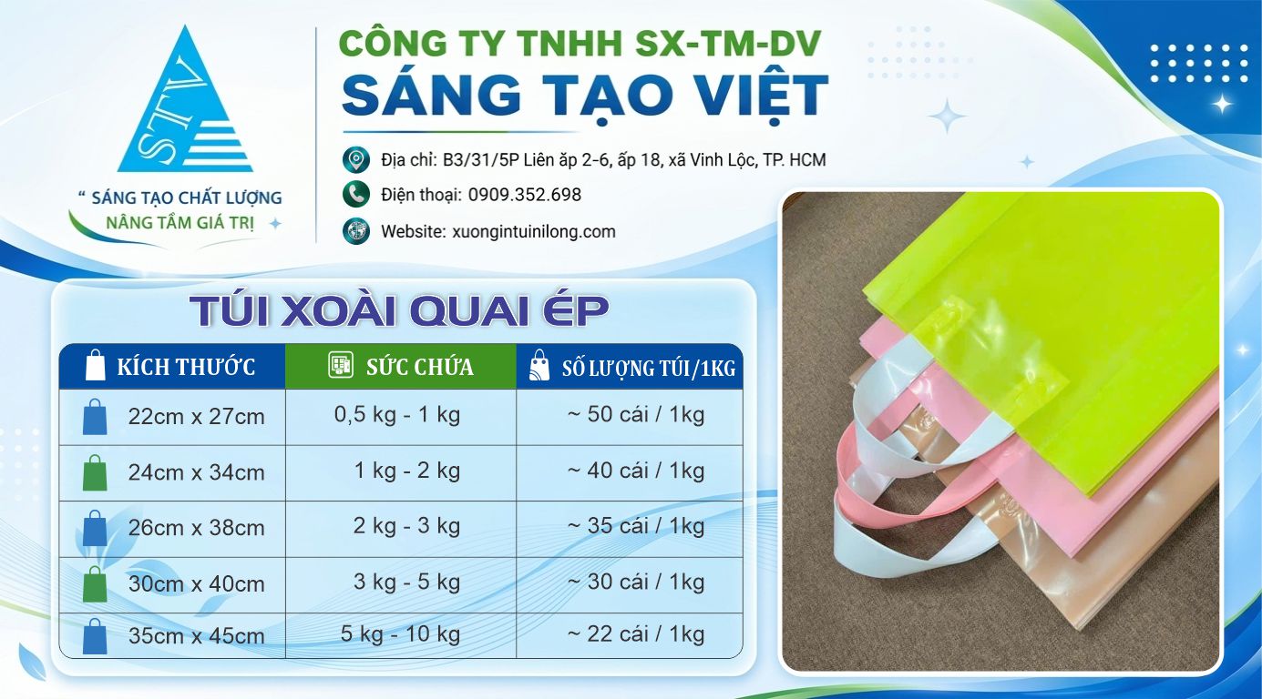 bảng kích thước túi nilong quai ép tại Xưởng Sáng Tạo Việt