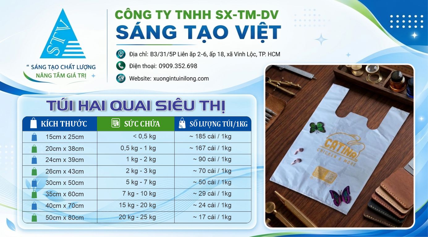 bảng kích thước túi nilong hai quai siêu thị tại Xưởng Sáng Tạo Việt