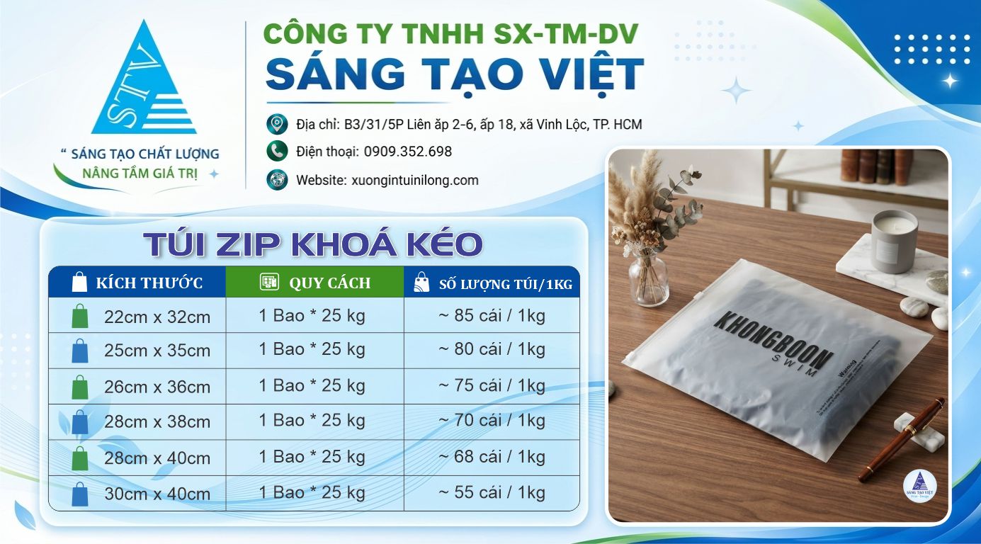 bảng kích thước túi nilong zipper khoá kéo tại Xưởng Sáng Tạo Việt